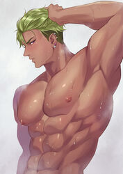  1boy 70_tabmk abs armpits bara earrings from_side green_hair hand_on_own_head highres jewelry king_of_prism large_pectorals looking_at_viewer male_focus muscular muscular_male navel nipples nude pectorals pretty_rhythm pretty_series profile short_hair shredded_muscles solo stomach sweat thick_eyebrows tsurime undercut upper_body v-taper very_sweaty yamato_alexander 