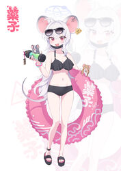  absurdres animal animal_ears bikini black_bikini black_nails blue_archive blush breasts cleavage collarbone dong_ji ear_tag eyewear_on_head female fingernails frilled_bikini frills full_body grey_hair grey_halo hair_between_eyes halo highres holding long_hair medium_breasts mouse_(animal) mouse_ears mouse_tail nail_polish navel nezusuke_(blue_archive) open_mouth red_eyes sandals saya_(blue_archive) simple_background smile solo sunglasses swimsuit tail toes white_background zoom_layer 