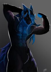  absurd_res anthro biped black_body black_fur black_hair black_hand black_hands blue_body blue_fur blue_hair body_hair chest_hair colored digital_drawing_(artwork) digital_media_(artwork) digitigrade fingers fluffy fluffy_hair fluffy_tail fur gigachad hair hi_res itzexelise_(jamie_the_wicker) male multicolored_body muscular muscular_male shaded solo tail xiiiofi 