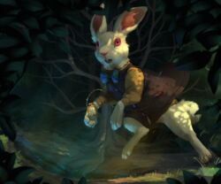  2024 alice_in_wonderland bow_tie clock clothed clothing digital_media_(artwork) feral forest fur hi_res lagomorph leporid lit_from_behind male mammal nature nature_background partially_clothed paws plant pocketwatch rabbit red_eyes running solo the_white_rabbit tree trigaroo watch white_body white_fur 