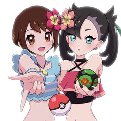  2girls :d :o absurdres asymmetrical_bangs bare_shoulders bikini black_choker black_hair black_nails blush brown_eyes brown_hair choker dusk_ball earrings flower gloria_(pokemon) green_eyes hair_flower hair_ornament hair_ribbon hibiscus highres holding holding_poke_ball index_finger_raised jewelry looking_at_viewer marnie_(pokemon) multiple_girls navel open_mouth outstretched_arm pink_flower poke_ball poke_ball_(basic) pokemon pokemon_masters_ex red_flower ribbon short_hair simple_background smile stomach stud_earrings swimsuit tankini twintails undercut white_background yuu_(jgvj7873) 