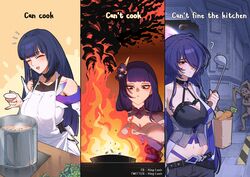  1other 3girls ? ^_^ absurdres acheron_(honkai:_star_rail) apron artist_name bag bare_shoulders blunt_bangs breasts carrot cleavage closed_eyes commentary company_connection confused cooking cooking_pot dead_space english_commentary english_text facebook_username fire food genshin_impact hair_ornament hair_over_one_eye highres holding holding_ladle honkai:_star_rail honkai_(series) honkai_impact_3rd king-lenis ladle large_breasts long_hair look-alike mihoyo multicolored_hair multiple_girls navel notice_lines paper_bag plate potato purple_hair raiden_mei raiden_mei_(apho) raiden_shogun sawashiro_miyuki slasher_(dead_space) smoke soup spacecraft_interior streaked_hair sweatdrop tasting_plate twitter_username voice_actor_connection white_apron 