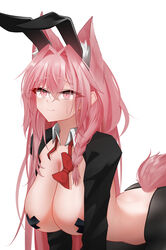  absurdres alternate_costume animal_ear_fluff animal_ears arknights bent_over black_pantyhose bow bowtie braid breasts cleavage commentary crossed_bangs detached_collar epitaph_(ryaf8834) eyes_visible_through_hair fake_animal_ears female hair_between_eyes hair_intakes highres large_breasts long_hair long_sleeves looking_up meme_attire open_collar paid_reward_available pantyhose pink_eyes pink_hair pink_tail playboy_bunny pozyomka_(arknights) rabbit_ears red_bow red_bowtie reverse_bunnysuit reverse_outfit shrug_(clothing) simple_background solo sweatdrop tail traditional_bowtie undone_bowtie white_background 