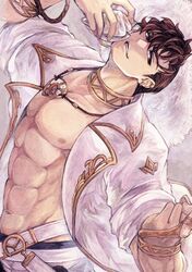  1boy abs bare_pectorals bracelet conch ear_piercing granblue_fantasy hat highres jacket jewelry lobelia_(danger_beckons_by_the_shore)_(granblue_fantasy) lobelia_(granblue_fantasy) lunaraven male_focus muscular muscular_male necklace official_alternate_costume open_clothes open_jacket pectorals piercing seashell shell straw_hat white_jacket 