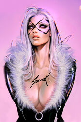  black_bodysuit black_cat_(marvel) bodysuit breasts cleavage collarbone domino_mask english_commentary female fur_trim grey_eyes grey_hair highres large_breasts long_hair looking_at_viewer marvel mask pink_background signature simple_background solo sozomaika spider-man_(series) upper_body 