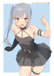  armband belt black_armband black_belt black_choker black_dress black_gloves blush breasts choker collarbone commentary_request cosplay cowboy_shot dress duplicate elbow_gloves female from_above gloves grey_hair hand_up kantai_collection kasumi_(kancolle) long_hair looking_at_viewer open_mouth pointing red_eyes sakieko short_dress side_ponytail simple_background single_elbow_glove single_glove single_sidelock small_breasts solo sousou_no_frieren standing strapless strapless_dress sweat thighs ubel_(sousou_no_frieren) ubel_(sousou_no_frieren)_(cosplay) white_background 