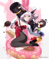  2girls animal_ears asymmetrical_legwear barcode belorta_(nikke) black_pantyhose breasts brown_hair card carronades_(nikke) chocolate fake_animal_ears fake_tail food fruit goddess_of_victory:_nikke grey_hair heart highres large_breasts long_hair looking_at_viewer mica_(nikke) multiple_girls pantyhose playboy_bunny rabbit_ears rabbit_tail rocket_launcher short_hair sonaworld strawberry sweets tail tongue tongue_out weapon 