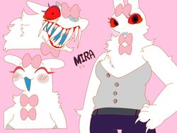  87sukiyaki anthro blush blush_lines character_name closed_eyes clothed clothing female hi_res lagomorph leporid mammal mira monster open_mouth pink_background rabbit sharp_teeth simple_background solo teeth 