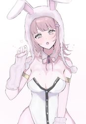  :o animal_ears animal_hood armlet bare_shoulders black_leotard breasts brown_hair cleavage cowboy_shot danganronpa_(series) danganronpa_2:_goodbye_despair fake_animal_ears female hand_up highres hood large_breasts leotard medium_hair nanami_chiaki pink_eyes rabbit_ears rabbit_hood shima_(fm_90mhz) solo spaceship_hair_ornament white_leotard 