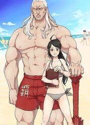  2boys 4girls alternate_costume artist_self-insert beach bikini book chrom_(fire_emblem) couple fire_emblem fire_emblem_awakening grey_bikini highres himonozato holding holding_book lissa_(fire_emblem) maribelle_(fire_emblem) multiple_boys multiple_girls muscular muscular_male ocean outdoors robin_(female)_(fire_emblem) robin_(fire_emblem) sand size_difference straight sumia_(fire_emblem) swimsuit walhart_(fire_emblem) 