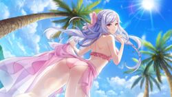  :q alexia_midgar ass back bikini blue_sky bow braid clothes_lift coconut_tree day female floating_hair from_behind from_below game_cg grey_hair hairbow half_up_braid halterneck highres holding_sarong kage_no_jitsuryokusha_ni_naritakute! looking_at_viewer looking_back looking_down non-web_source official_alternate_costume official_alternate_hairstyle outdoors palm_tree pink_bikini pink_bow pink_sarong pointing pointing_at_self red_eyes sarong sarong_lift side_braid sky smile solo standing sun swept_bangs swimsuit teasing tongue tongue_out tree v-shaped_eyebrows 