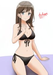  artist_name bikini black_bikini blue_eyes breasts brown_hair cleavage commentary_request dated female front-tie_bikini_top front-tie_top halterneck hibike!_euphonium kuroe_mayu long_hair looking_at_viewer medium_breasts sakayaya side-tie_bikini_bottom simple_background solo string_bikini swimsuit white_background 