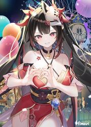  balloon bare_shoulders black_choker black_hair black_sash choker clockie_(honkai:_star_rail) cowboy_shot criss-cross_halter detached_sleeves facial_mark female fox_mask grin halterneck heart heart-shaped_boob_challenge heart_hands highres himari_(himari_ttc) honkai:_star_rail honkai_(series) long_hair looking_at_viewer mask mask_on_head obi pelvic_curtain pink_eyes sash short_sleeves smile sparkle_(honkai:_star_rail) standing twintails very_long_hair 