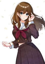  absurdres breasts brown_hair brown_shirt brown_skirt buttons closed_mouth cowboy_shot falling_petals female floating_hair green_eyes hand_up hibike!_euphonium highres kitauji_high_school_uniform kuroe_mayu light_smile long_hair long_sleeves looking_at_viewer medium_breasts midriff_peek nassss neckerchief petals pleated_skirt red_neckerchief sailor_collar school_uniform shirt simple_background skirt smile solo standing twitter_username white_background white_sailor_collar winter_uniform 