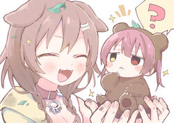  2girls :&lt; :3 :d ? animal_collar animal_costume animal_ears bear_costume bone_hair_ornament breasts brown_hair cleavage closed_eyes closed_mouth collar commentary_request dog_ears dog_girl dot_nose fangs fingernails hair_ornament heterochromia highres holding hololive houshou_kumarine houshou_marine inugami_korone leaf low_twintails multiple_girls nabisuko25 open_mouth red_eyes red_hair smile sparkle speech_bubble twintails upper_body virtual_youtuber yellow_eyes 