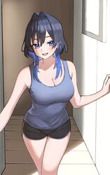  alternate_costume black_shorts blue_eyes blue_hair blue_tank_top blush breasts cleavage colored_inner_hair dolphin_shorts doorway dunchy female hair_intakes half-closed_eyes hands_up hashtag-only_commentary highres hololive hololive_english indoors large_breasts looking_at_viewer multicolored_hair oerba_yun_fang open_mouth opening_door ouro_kronii pov_doorway shorts skin_fang solo tank_top two-tone_hair virtual_youtuber 