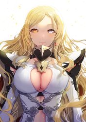  ahura_mazda_(kokubyaku_no_avesta) arms_at_sides black_sclera blonde_hair blurry blurry_foreground breasts colored_sclera earrings female grey_eyes heterochromia highres jewelry kokubyaku_no_avesta large_breasts long_hair looking_at_viewer okina_(805197) orange_eyes shinza_bansho_series slit_pupils smile solo very_long_hair 