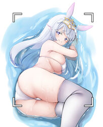  animal_ears ass bare_arms bare_shoulders benedia bikini breasts closed_mouth feet_out_of_frame female fins hands_up head_fins headdress highres large_breasts long_hair looking_at_viewer lying on_side purple_eyes rabbit_ears sideboob skindentation smile solo string_bikini swimsuit thighhighs thighs vanguard_(warship_girls_r) viewfinder warship_girls_r water wet white_bikini white_hair white_thighhighs 