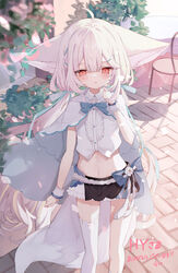  ahoge animal_ear_fluff animal_ears asymmetrical_legwear belt black_skirt blue_bow blue_ribbon blush bow bowtie braid cape capelet collared_shirt commission ears_down feet_out_of_frame female fox_ears fox_girl fox_tail frilled_capelet frilled_skirt frills hair_between_eyes hair_ornament hair_ribbon hair_scrunchie hairclip hairpin hand_up high_collar highres kneehighs large_ears large_tail layered_capelet layered_skirt lion2610 lolicon long_hair looking_at_viewer low_twintails midriff miniskirt mismatched_legwear navel original parted_lips red_eyes ribbon sakurada_shiro_(hy_plus) sakurada_shiro_(summer)_(hy_plus) scrunchie shirt side_braid signature single_sock single_thighhigh skeb_commission skirt socks solo standing tail thank_you thighhighs twintails very_long_hair white_cape white_hair white_shirt white_socks white_thighhighs wrist_scrunchie 