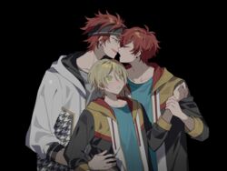  3boys amagi_hiiro amagi_rinne black_background black_headband black_jacket blonde_hair blue_shirt brothers collarbone earrings ensemble_stars! green_eyes grey_shirt headband imminent_kiss incest jacket jewelry long_sleeves looking_at_another male_focus multiple_boys red_hair sakuraihum shiratori_aira_(ensemble_stars!) shirt short_hair siblings sweatdrop upper_body white_jacket yaoi 