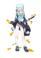  animal_ears assault_rifle black_bag black_skirt blue_archive blue_eyes blue_halo blue_necktie blue_scarf blush bottle bright_pupils commission cross_hair_ornament female full_body grey_hair gun hair_ornament halo highres holding holding_bottle kneehighs long_sleeves looking_at_viewer mismatched_pupils necktie open_mouth panties polka_dot polka_dot_panties rifle scarf shiroko_(blue_archive) shirt shoes sig_556 simple_background skirt sneakers socks solo standing toombo12 underwear weapon white_background white_panties white_pupils white_shirt white_socks wolf_ears 