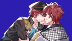  2boys amagi_hiiro amagi_rinne black_hat black_jacket blue_background blue_eyes blue_shirt brothers collarbone earrings ensemble_stars! grin hat incest jacket jewelry male_focus multiple_boys red_hair ring sakuraihum shirt short_hair siblings simple_background smile white_jacket yaoi 