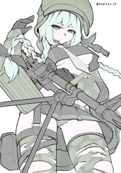  bipod black_gloves black_shirt black_skirt blue_eyes blush braid breasts camouflage camouflage_jacket camouflage_thighhighs combat_helmet crop_top female gloves green_jacket gun headset helmet heterochromia highres jacket long_hair looking_at_viewer machine_gun microphone military mole mole_under_eye necktie neptune_zx no_bra open_clothes open_jacket original panties pkm pleated_skirt shirt simple_background single_braid skirt solo striped_clothes striped_panties thighhighs torn_clothes torn_thighhighs underboob underwear weapon white_background white_hair white_necktie yellow_eyes 