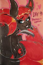  2018 3_fingers anthro black_and_red black_body black_eyebrows black_fur black_lips black_lipstick black_text blue_eyes breast_markings breasts claws cleavage clothed clothing day_count english_text eyebrows eyelashes female finger_claws fingers fluffy fluffy_ears fluffy_hair fur generation_3_pokemon grey_claws hair herpestid hi_res inktober inktober_2018 lips lipstick makeup mammal markings monica_(toxicsoul77) nintendo outline pen_(artwork) pokemon pokemon_(species) pupils raised_eyebrow red_body red_fingers red_fur red_hair red_markings red_outline solo text toxicsoul77 traditional_media_(artwork) yin_yang zangoose 