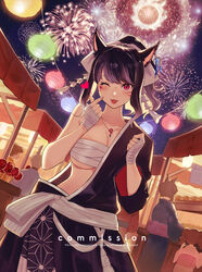  animal_ears bandaged_hand bandages black_hair black_kimono blush bow breasts cat_ears cat_girl chest_sarashi cleavage commission crescent crescent_earrings earrings facial_mark final_fantasy final_fantasy_xiv fireworks hairbow hanging_lantern high_ponytail highres japanese_clothes jewelry kimono lalafell lantern large_breasts long_hair looking_at_viewer miqo&#039;te necklace one_eye_closed open_mouth paper_lantern pointing pointing_at_self red_eyes sarashi single_bare_shoulder single_earring single_off_shoulder smile sumustard viera warrior_of_light_(ff14) white_bow 