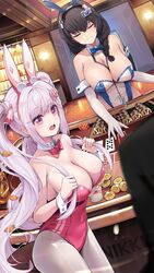  2girls absurdres alice_(nikke) alice_(wonderland_bunny)_(nikke) animal_ears bare_shoulders black_hair blue_bow blue_bowtie blurry blurry_foreground bow bowtie braid breasts carrot_hair_ornament casino cleavage closed_eyes copyright_name cowboy_shot cup ddangbi detached_collar dice dot_nose dutch_angle elbow_gloves english_commentary fake_animal_ears food-themed_hair_ornament gloves goddess_of_victory:_nikke hair_ornament highleg highleg_leotard highres holding holding_own_hair id_card indoors large_breasts leotard light low_twintails mary_(medical_rabbit)_(nikke) mary_(nikke) multiple_girls official_alternate_costume open_mouth pantyhose pink_eyes pink_hair playboy_bunny poker poker_chip poker_table rabbit_hair_ornament red_bow red_bowtie red_leotard shadow shiny_floor shiny_skin table teeth texas_hold_&#039;em twintails upper_teeth_only white_gloves white_pantyhose wrist_cuffs 