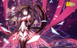  300_heroes alternate_costume antique_firearm black_dress black_hair breasts cleavage clock_eyes date_a_live dress elbow_gloves female gloves gun heterochromia long_hair medium_breasts navel official_art open_mouth red_eyes smile solo symbol-shaped_pupils third-party_source tokisaki_kurumi twintails weapon yellow_eyes 