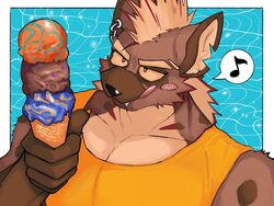  anothereidos_of_dragon_vein_r anthro clothing cream_hair dessert ear_piercing ear_ring food fur hair hyena ice_cream licking licking_lips male mammal mohawk multicolored_hair nitro_(anothereidos_r) notched_ear pecs piercing red_body red_fur red_hair ring_piercing rrrr20251107 shirt solo spotted_hyena tank_top tongue topwear yellow_eyes 