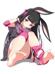  animal_ears barefoot black_dress black_hair blunt_bangs blush bow capelet closed_mouth commentary_request dress feet female foot_focus full_body hairbow hand_in_own_hair hanoyama heavyblade_rabbit highres leg_ribbon long_hair looking_at_viewer pink_bow pink_eyes pink_ribbon purple_capelet rabbit_and_steel rabbit_ears rabbit_girl ribbon ribbon-trimmed_dress short_bangs simple_background sitting smile solo toes white_background 