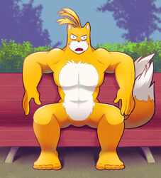  2024 5_fingers 5_toes abs angry_eyebrows anthro bench bench_tails black_nose blue_eyes canid canine featureless_crotch feet fingers fox male mammal muscular open_mouth sega sitting solo sonic_the_hedgehog_(series) tails tails_gets_trolled titan_tails toes vaporotem 