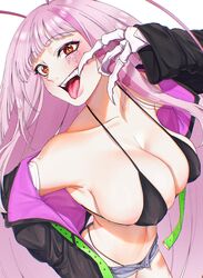  antenna_hair arthropod_girl bikini black_bikini black_jacket blue_shorts blush breasts cleavage cockroach_girl fangs female highleg highleg_bikini highres hiyayaako jacket large_breasts long_hair looking_at_viewer matara_kan monster_girl multicolored_hair open_mouth pink_hair purple_jacket red_eyes shorts streaked_hair swimsuit teeth tongue tongue_out two-sided_fabric two-sided_jacket upper_teeth_only very_long_hair virtual_youtuber vshojo 