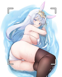  animal_ears ass bare_arms bare_shoulders benedia bikini breasts brown_thighhighs closed_mouth feet_out_of_frame female fins hands_up head_fins headdress highres large_breasts long_hair looking_at_viewer lying on_side purple_eyes rabbit_ears sideboob skindentation smile solo string_bikini swimsuit thighhighs thighs vanguard_(warship_girls_r) viewfinder warship_girls_r water wet white_bikini white_hair 