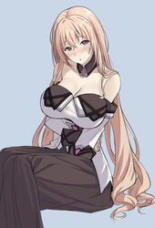  absurdres bare_shoulders between_legs black_survival blonde_hair blue_background blush breasts cleavage collarbone crossed_bangs detached_collar dress embarrassed eternal_return:_black_survival eva_(black_survival) feet_out_of_frame female furrowed_brow hair_between_eyes hand_between_legs head_tilt highres large_breasts long_hair long_skirt long_sleeves looking_at_viewer off-shoulder_dress off_shoulder parted_lips pink_eyes ptal simple_background sitting skirt solo very_long_hair 