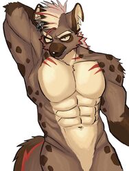  abs anothereidos_of_dragon_vein_r anthro armpit_focus cream_hair featureless_crotch fur grin hair hi_res hyena male mammal mohawk muscular muscular_male navel nitro_(anothereidos_r) notched_ear nude null orange_body orange_fur pecs raised_arm red_body red_fur rrrr20251107 smile solo tan_body tan_fur yellow_eyes 