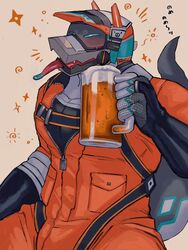  alcohol anothereidos_of_dragon_vein_r anthro beer beverage blue_body blue_scales closed_eyes clothing cybernetics cyborg eyewear fingerless_gloves gloves goggles goggles_on_face grey_body grey_scales handwear hi_res jumpsuit lizard machine male mechanical_jaw orange_jumpsuit reptile rrrr20251107 sarutobi_(anothereidos_r) scales scalie solo tipsy white_body white_scales 