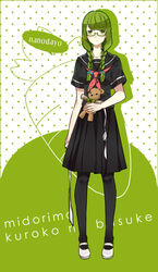  black_pantyhose black_skirt border braid braided_twintails character_name female genderswap_(mtf) glasses green-framed_eyewear green_border green_eyes green_hair holding kuroko_no_basuke long_hair low_twin_braids low_twintails midorima_shintarou pantyhose rule_63 school_uniform skirt solo standing stuffed_animal stuffed_toy teddy_bear tian_daoling twin_braids twintails 