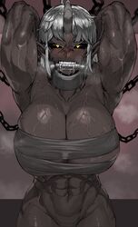  abs arms_up bit_gag black_sclera blush bottomless breasts chains chest_sarashi cleavage colored_sclera commentary dark-skinned_female dark_skin demon_girl female gag gagged glaring grey_hair highres horns huge_breasts muscular muscular_female original out-of-frame_censoring pointy_ears restrained saliva sarashi single_horn slit_pupils solo soolee040995 symbol-only_commentary undone_sarashi very_dark_skin yellow_eyes 