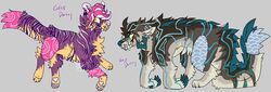  2018 ambiguous_gender back_spikes big_claws blue_eyes blue_markings blue_pupils brown_body brown_fur canid canine claws digital_drawing_(artwork) digital_media_(artwork) digitigrade duo duskky english_text fangs feral flat_colors fur grey_background handwritten_text hi_res jaspering mammal markings multi_eye outline patchwork_creature pawpads paws pink_inner_ear pink_nose pink_pawpads pink_pseudo_hair pink_tentacles pseudo_hair pupils purple_body purple_fur purple_text sharp_teeth simple_background slit_pupils snout spikes spikes_(anatomy) striped_body striped_fur stripes surgical_suture tail tan_body tan_fur teal_claws teal_nose teal_spikes teeth tentacle tentacle_hair text tusks unusual_pupils whisker_spots white_outline yellow_body yellow_eyes yellow_fur yellow_sclera 