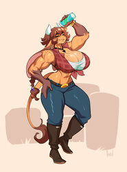  2024 anthro big_breasts bodily_fluids boots bovid bovine breasts brown_hair cattle cleavage closed_eyes clothed clothing container cup female footwear freckles hair hi_res horn huge_breasts las_lindas mammal mora_linda muscular muscular_anthro muscular_female nedoiko smile solo sweat 