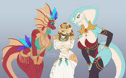  anthro big_breasts blue_eyes breast_squish breasts clothing costume_party dragon dragonborn_(dnd) dungeons_and_dragons feathers female female/female green_eyes group hasbro hi_res horn jewelry legwear mythological_creature mythological_scalie mythology non-mammal_breasts purple_eyes pyrexia red_body red_scales reptile saazhi_(shycryptid) scales scalie shycryptid simple_background snake squish tail talessa_(character) teal_body teal_scales thigh_highs trio under_boob wizards_of_the_coast wraps yellow_body yellow_scales 