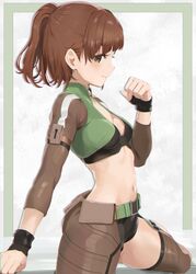  absurdres airport96 alice_gear_aegis ass_visible_through_thighs belt black_gloves brown_eyes brown_hair female gloves green_jacket half_gloves highres jacket kasugaoka_moe shorts solo wrist_cuffs 