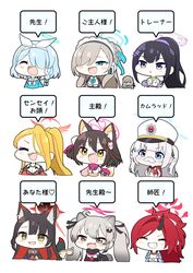  6+girls akane_(blue_archive) animal_ears arona_(blue_archive) asuna_(blue_archive) backpack bag black_choker black_dress black_hair black_horns black_sailor_collar black_scarf blonde_hair blue_archive blue_eyes blue_hair blue_halo blush blush_stickers braid breasts calciumin cherino_(blue_archive) choker cleavage coat colored_inner_hair commentary_request dress extra_ears fake_facial_hair fake_mustache fox_ears fox_tail grey_hair grin hair_over_one_eye halo haori highres horns izuna_(blue_archive) japanese_clothes kimono large_breasts light_brown_hair long_hair long_sleeves michiru_(blue_archive) multicolored_hair multiple_girls neckerchief one_side_up open_mouth parted_lips pina_(blue_archive) pink_halo pink_scarf ponytail purple_eyes purple_halo raccoon_ears raccoon_tail randoseru red_hair red_halo red_kimono red_neckerchief renge_(blue_archive) sailor_collar scarf school_uniform serafuku short_hair short_sleeves simple_background single_braid single_horn small_breasts smile speech_bubble sumire_(blue_archive) tail translated twintails two_side_up wakamo_(blue_archive) white_background white_coat white_sailor_collar yellow_eyes 