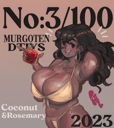  absurdres bikini body_freckles bracelet breasts brown_hair cup dark-skinned_female dark_skin draw_this_in_your_style_challenge drink drinking_glass earrings english_commentary female fingernails freckles glass happy highres holding holding_cup hoop_earrings huge_breasts jewelry keziedra murgoten open_mouth original plump smile solo swimsuit yellow_bikini 