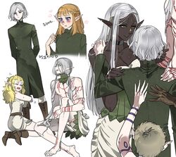  2boys 4girls absurdres arm_tattoo back bags_under_eyes bare_shoulders black_eyes blonde_hair blue_eyes blush braid chest_tattoo choker cithis dark-skinned_female dark_elf dark_skin dungeon_meshi elf facial_mark fleki forehead_mark gorget green_eyes grey_hair hair_around_ear hand_in_another&#039;s_hair hand_on_another&#039;s_back hand_on_another&#039;s_shoulder highres hugging_another&#039;s_leg jewelry knee_up kneeling korean_text lazy_eye leg_grab long_hair long_sleeves low_twintails lycion mithrun multiple_boys multiple_girls notched_ear oejikim otta_(dungeon_meshi) out_of_frame pattadol pointy_ears purple_eyes shirt short_hair simple_background smile tattoo topless_male tunic turn_pale twintails uneven_eyes very_short_hair white_background yellow_eyes 