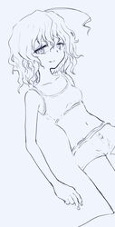  absurdres ahoge bags_under_eyes boyshort_panties bra breasts collarbone feet_out_of_frame female greyscale grin half-closed_eyes highres kagaku_chop line_art looking_at_viewer medium_breasts medium_hair monochrome navel payama simple_background smile solo stomach suzuzono_sai tareme training_bra underwear underwear_only wavy_hair 