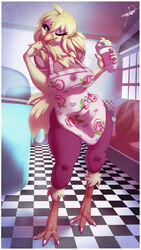  absurd_res anthro apron atokitsune avian beverage big_breasts bird blonde_hair bottomwear breasts chicken clothing colored_nails curvy_figure cutlery detailed_background eating eye_through_hair eyebrow_through_hair eyebrows eyelashes feathers feet female flower food galliform gallus_(genus) hair hi_res highlights_(coloring) holding_object inside kitchen_utensils light_through_window looking_at_viewer milkshake monotone_body nails nina_valentine_(crimsonthemouse) one_eye_closed pants pattern_background pattern_clothing phasianid pink_highlights pink_nails plant red_clothing red_topwear rose_(flower) shadow simple_background slightly_chubby solo spoon talons thick_thighs toes tools topwear translucent translucent_hair wide_hips wink yellow_body yellow_feathers yoga_pants 